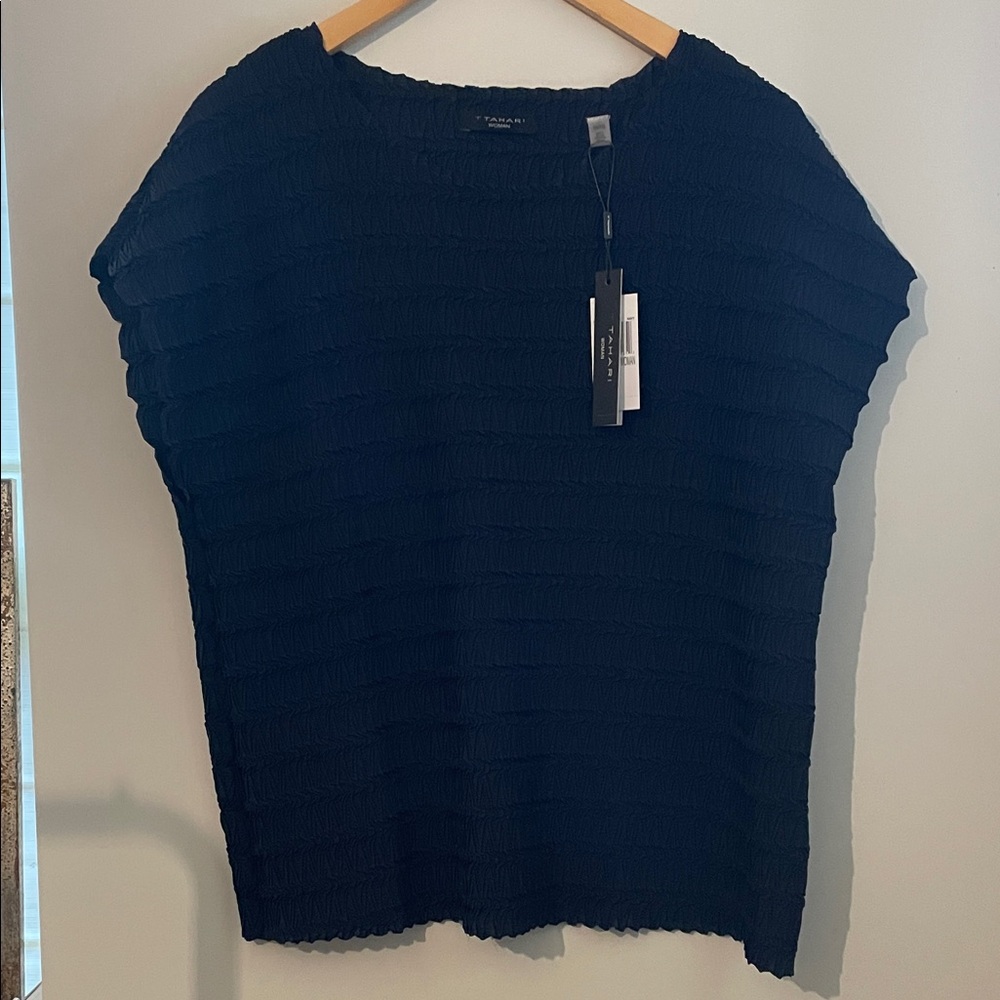 T Tahari Navy Textured Blouse